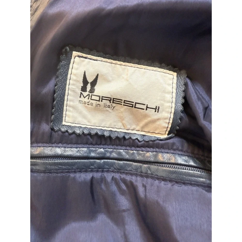 VTG Moreschi Italy LambSkin Navy‎ Bomber Jacket Men XL Embroidered Details Moto